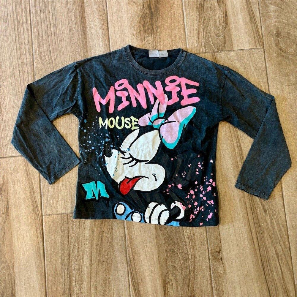Zara Girls Minnie Mouse Disney Long Sleeve Graphic Tee Shirt Gray Size